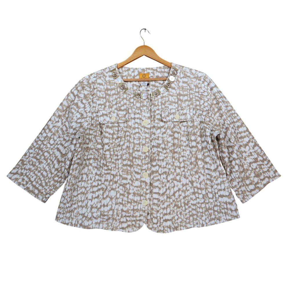Ruby Rd Jacket Womens 18W Tan White Cotton Blend Embellished Button Up Blazer